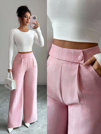 Elenzga Women's Bamboo Fabric Khaki Summer Business Casual Office Pants,Elegant Buckle Design Front Overlay Straight Leg Loose Flowy Teacher Uniform Trousers