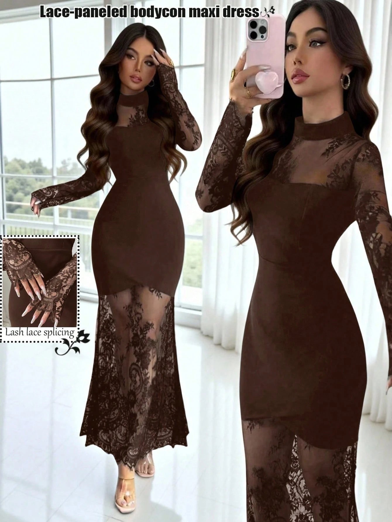 Elenzga Women's Brown Elegant Lace Hollow-Out Long Sleeve Dress,Autumn Waist Cinched Bodycon Mermaid Hem Evening Dinner Gown Maxi Party Night Lace Dress