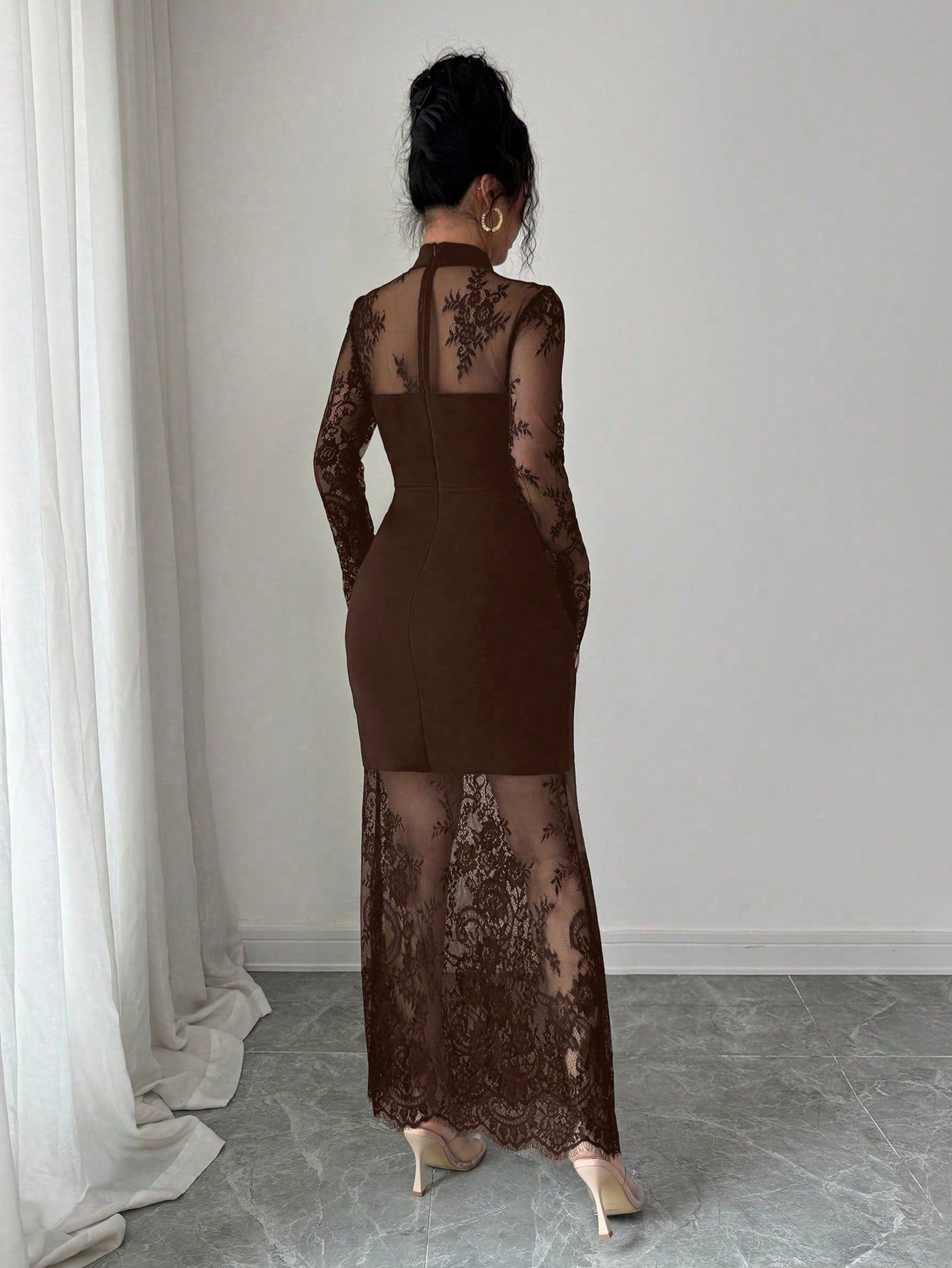 Elenzga Women's Brown Elegant Lace Hollow-Out Long Sleeve Dress,Autumn Waist Cinched Bodycon Mermaid Hem Evening Dinner Gown Maxi Party Night Lace Dress
