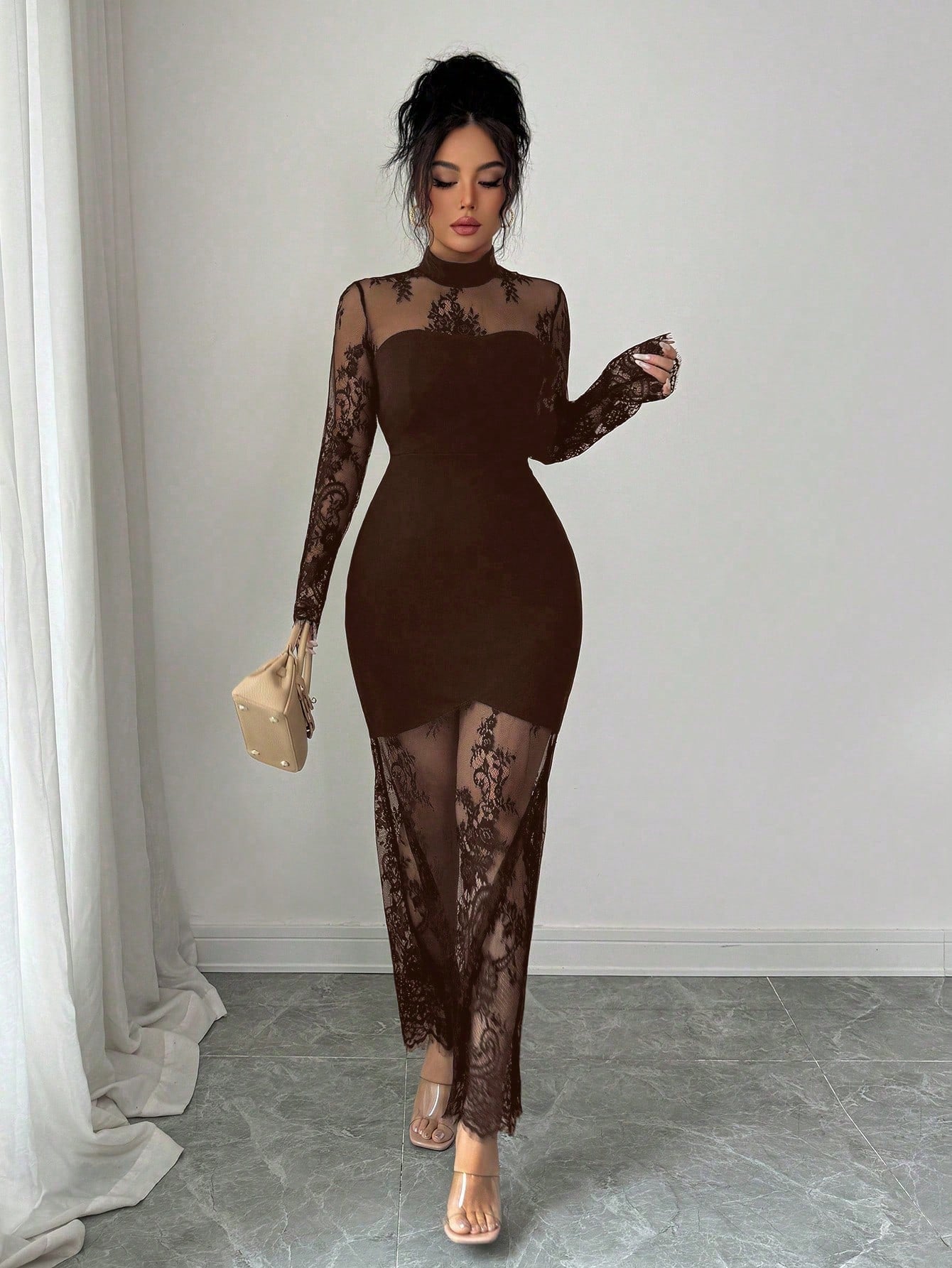 Elenzga Women's Brown Elegant Lace Hollow-Out Long Sleeve Dress,Autumn Waist Cinched Bodycon Mermaid Hem Evening Dinner Gown Maxi Party Night Lace Dress