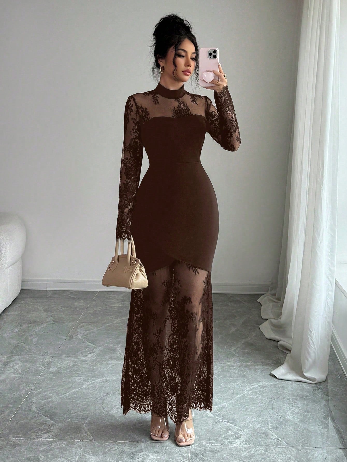 Elenzga Women's Brown Elegant Lace Hollow-Out Long Sleeve Dress,Autumn Waist Cinched Bodycon Mermaid Hem Evening Dinner Gown Maxi Party Night Lace Dress