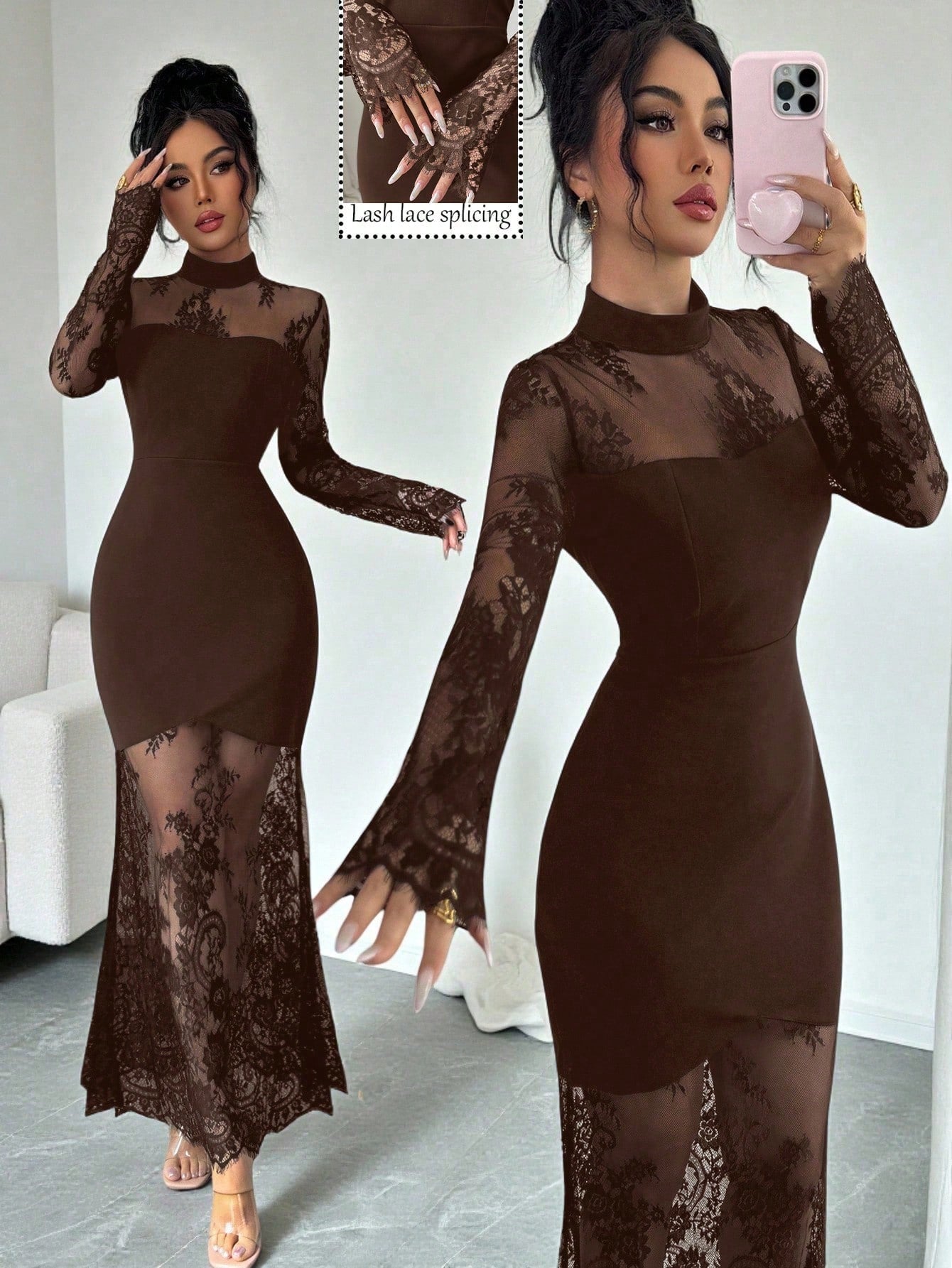 Elenzga Women's Brown Elegant Lace Hollow-Out Long Sleeve Dress,Autumn Waist Cinched Bodycon Mermaid Hem Evening Dinner Gown Maxi Party Night Lace Dress