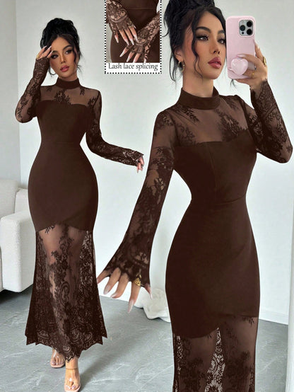 Elenzga Women's Brown Elegant Lace Hollow-Out Long Sleeve Dress,Autumn Waist Cinched Bodycon Mermaid Hem Evening Dinner Gown Maxi Party Night Lace Dress