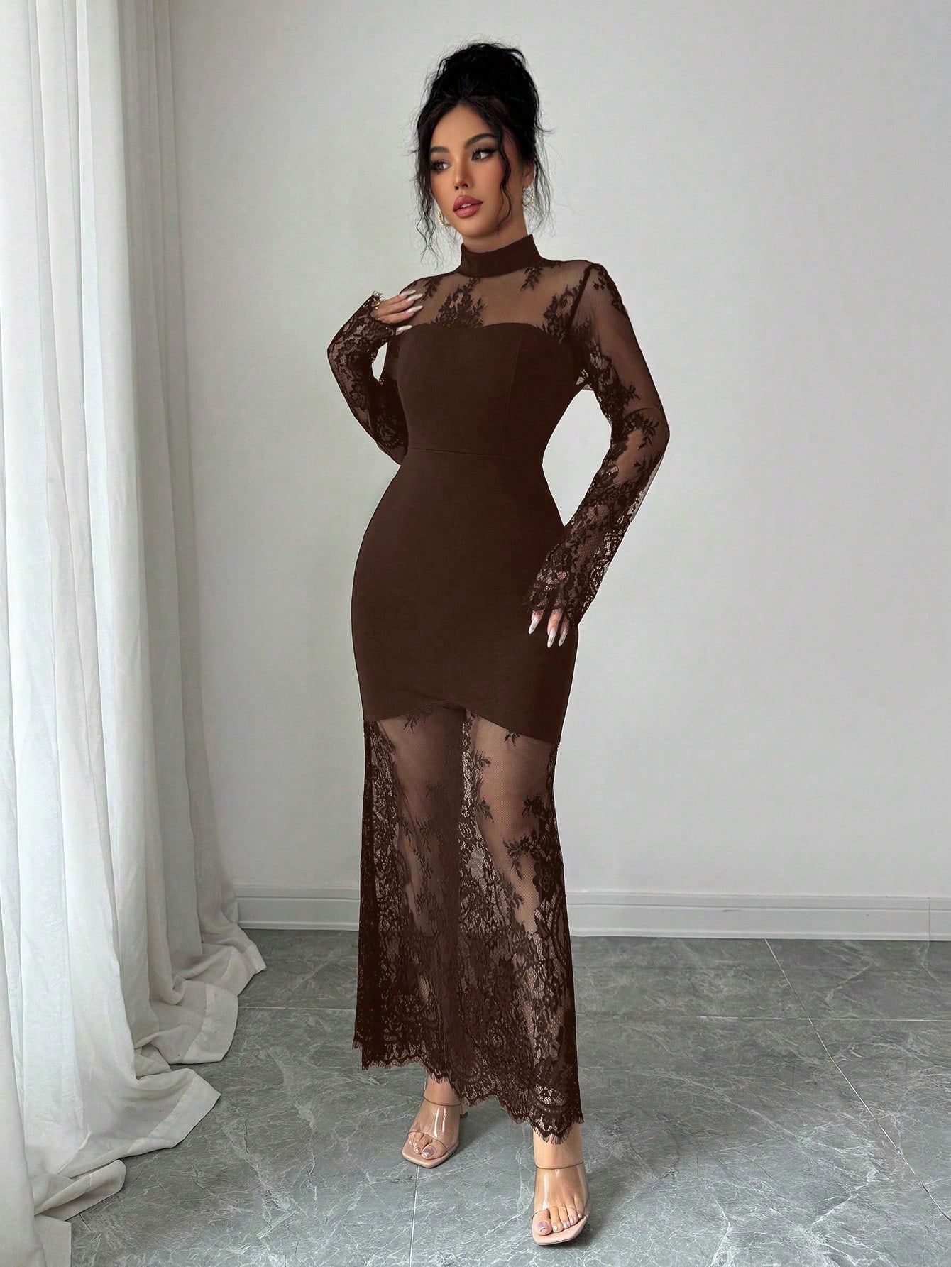 Elenzga Women's Brown Elegant Lace Hollow-Out Long Sleeve Dress,Autumn Waist Cinched Bodycon Mermaid Hem Evening Dinner Gown Maxi Party Night Lace Dress