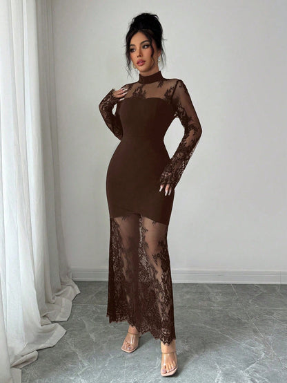 Elenzga Women's Brown Elegant Lace Hollow-Out Long Sleeve Dress,Autumn Waist Cinched Bodycon Mermaid Hem Evening Dinner Gown Maxi Party Night Lace Dress