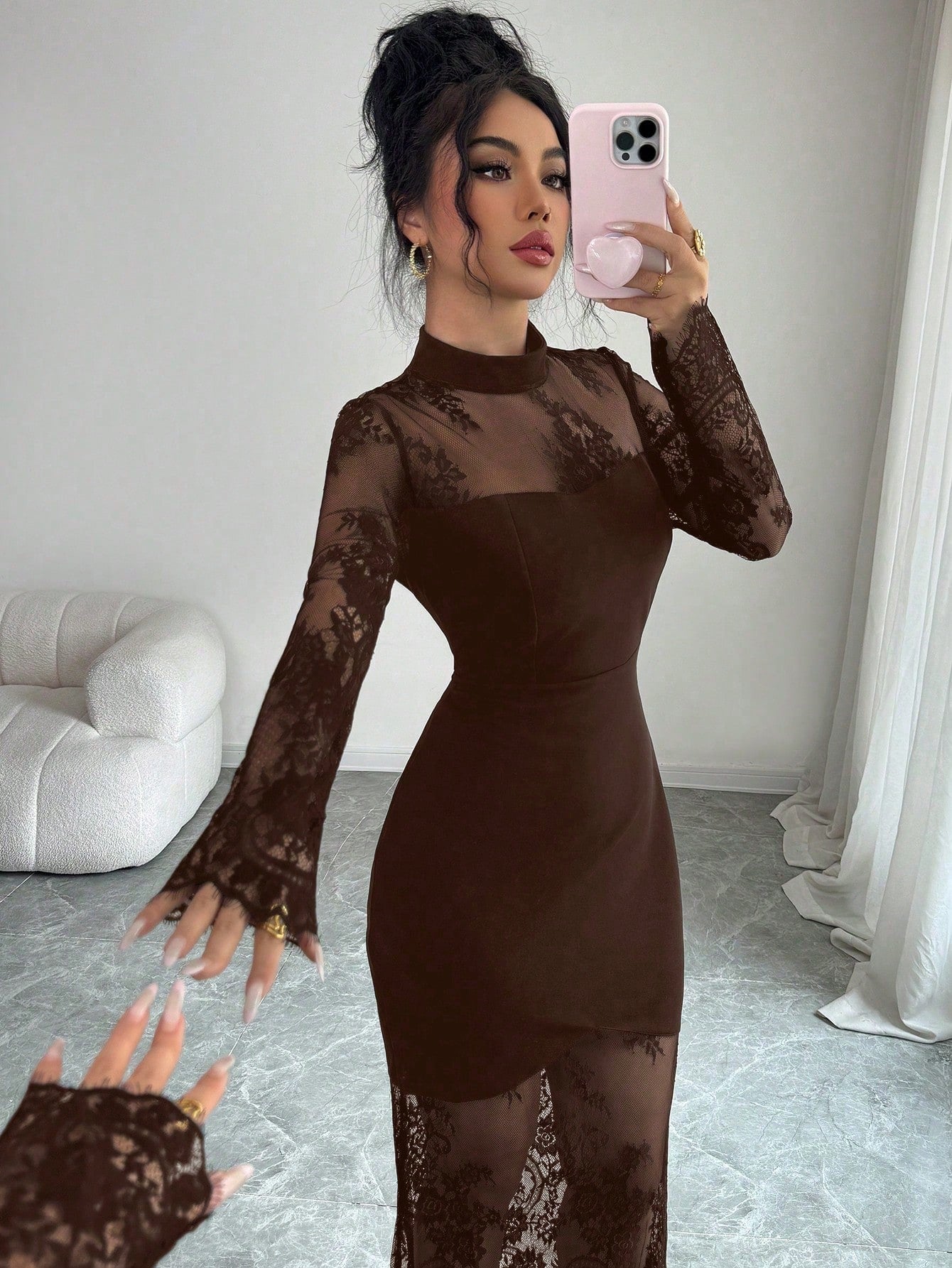 Elenzga Women's Brown Elegant Lace Hollow-Out Long Sleeve Dress,Autumn Waist Cinched Bodycon Mermaid Hem Evening Dinner Gown Maxi Party Night Lace Dress