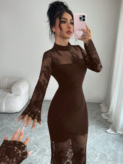Elenzga Women's Brown Elegant Lace Hollow-Out Long Sleeve Dress,Autumn Waist Cinched Bodycon Mermaid Hem Evening Dinner Gown Maxi Party Night Lace Dress