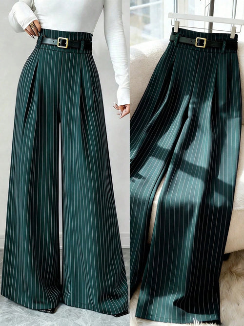 Elenzga Women's Dark Green Striped Suit Pants,High Waist Winter Elegant Office Fashion Pleated Loose Straight Leg Casual Trousers,Versatile Daily Commute