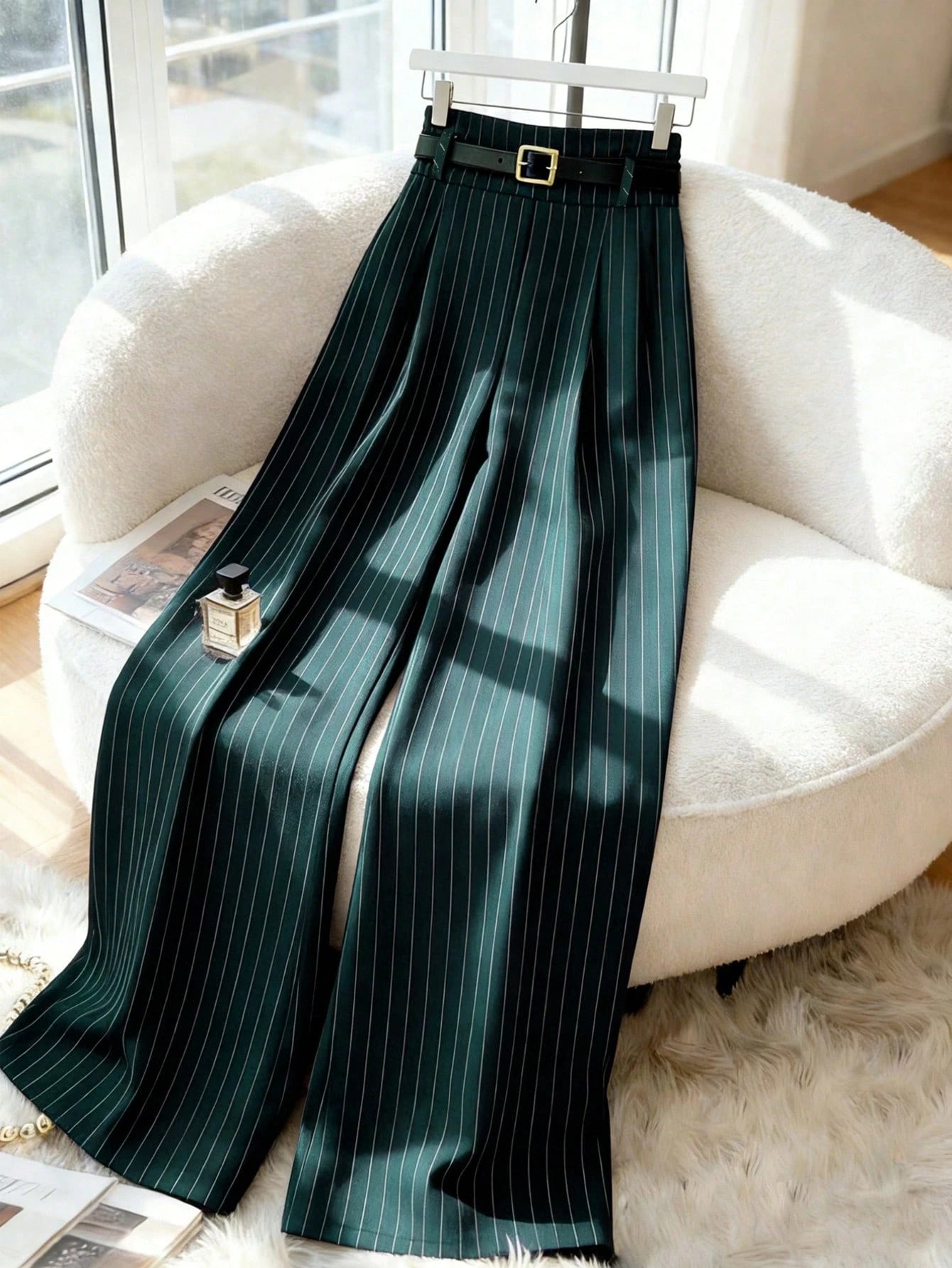 Elenzga Women's Dark Green Striped Suit Pants,High Waist Winter Elegant Office Fashion Pleated Loose Straight Leg Casual Trousers,Versatile Daily Commute