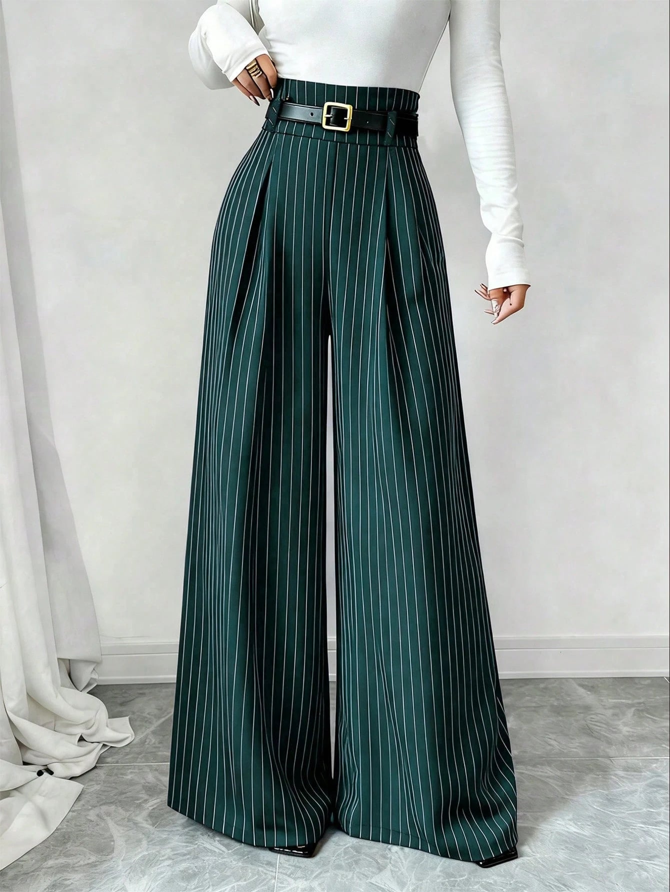 Elenzga Women's Dark Green Striped Suit Pants,High Waist Winter Elegant Office Fashion Pleated Loose Straight Leg Casual Trousers,Versatile Daily Commute