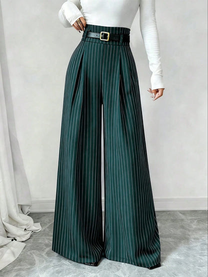 Elenzga Women's Dark Green Striped Suit Pants,High Waist Winter Elegant Office Fashion Pleated Loose Straight Leg Casual Trousers,Versatile Daily Commute