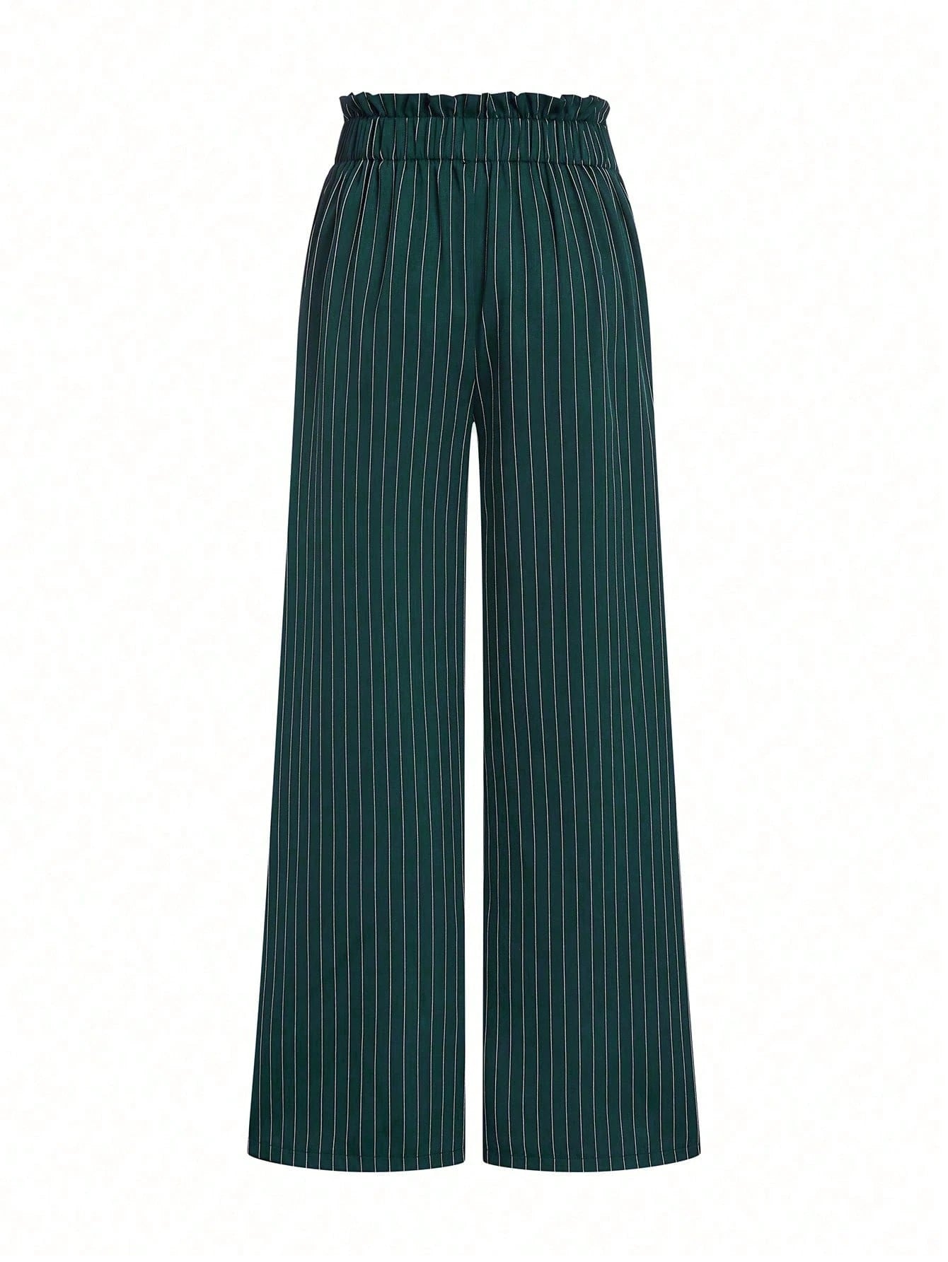 Elenzga Women's Dark Green Striped Suit Pants,High Waist Winter Elegant Office Fashion Pleated Loose Straight Leg Casual Trousers,Versatile Daily Commute