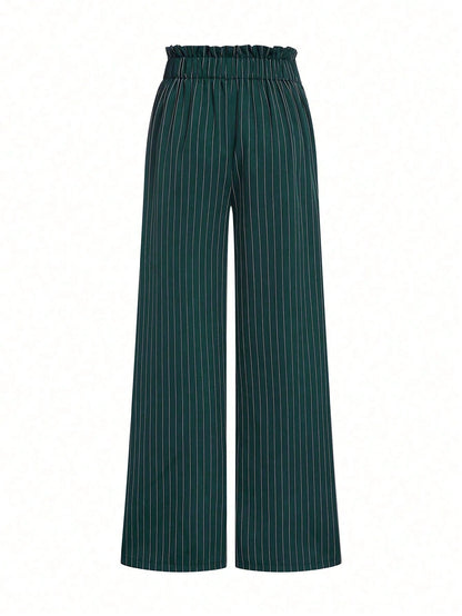 Elenzga Women's Dark Green Striped Suit Pants,High Waist Winter Elegant Office Fashion Pleated Loose Straight Leg Casual Trousers,Versatile Daily Commute