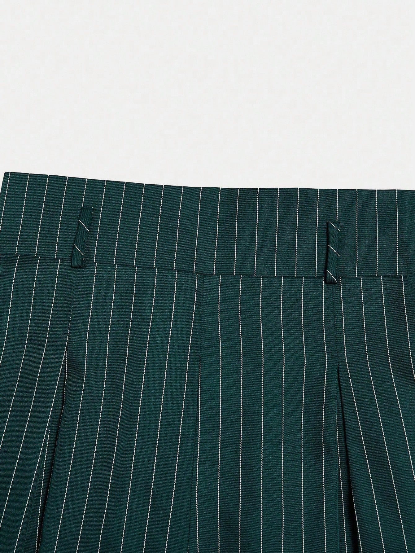 Elenzga Women's Dark Green Striped Suit Pants,High Waist Winter Elegant Office Fashion Pleated Loose Straight Leg Casual Trousers,Versatile Daily Commute