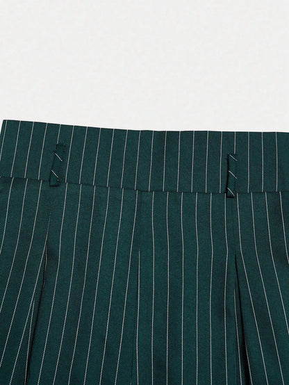 Elenzga Women's Dark Green Striped Suit Pants,High Waist Winter Elegant Office Fashion Pleated Loose Straight Leg Casual Trousers,Versatile Daily Commute
