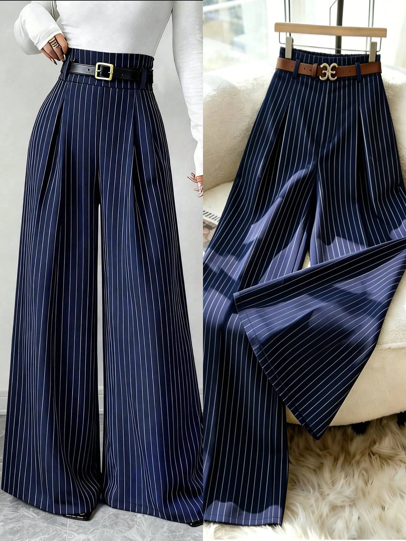 Elenzga Women's Dark Green Striped Suit Pants,High Waist Winter Elegant Office Fashion Pleated Loose Straight Leg Casual Trousers,Versatile Daily Commute