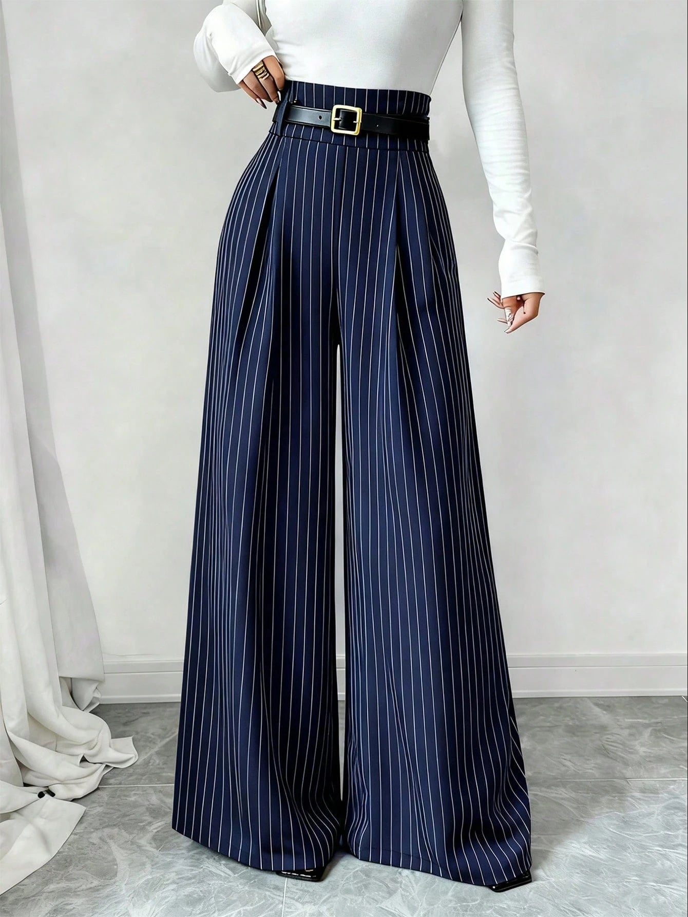 Elenzga Women's Dark Green Striped Suit Pants,High Waist Winter Elegant Office Fashion Pleated Loose Straight Leg Casual Trousers,Versatile Daily Commute