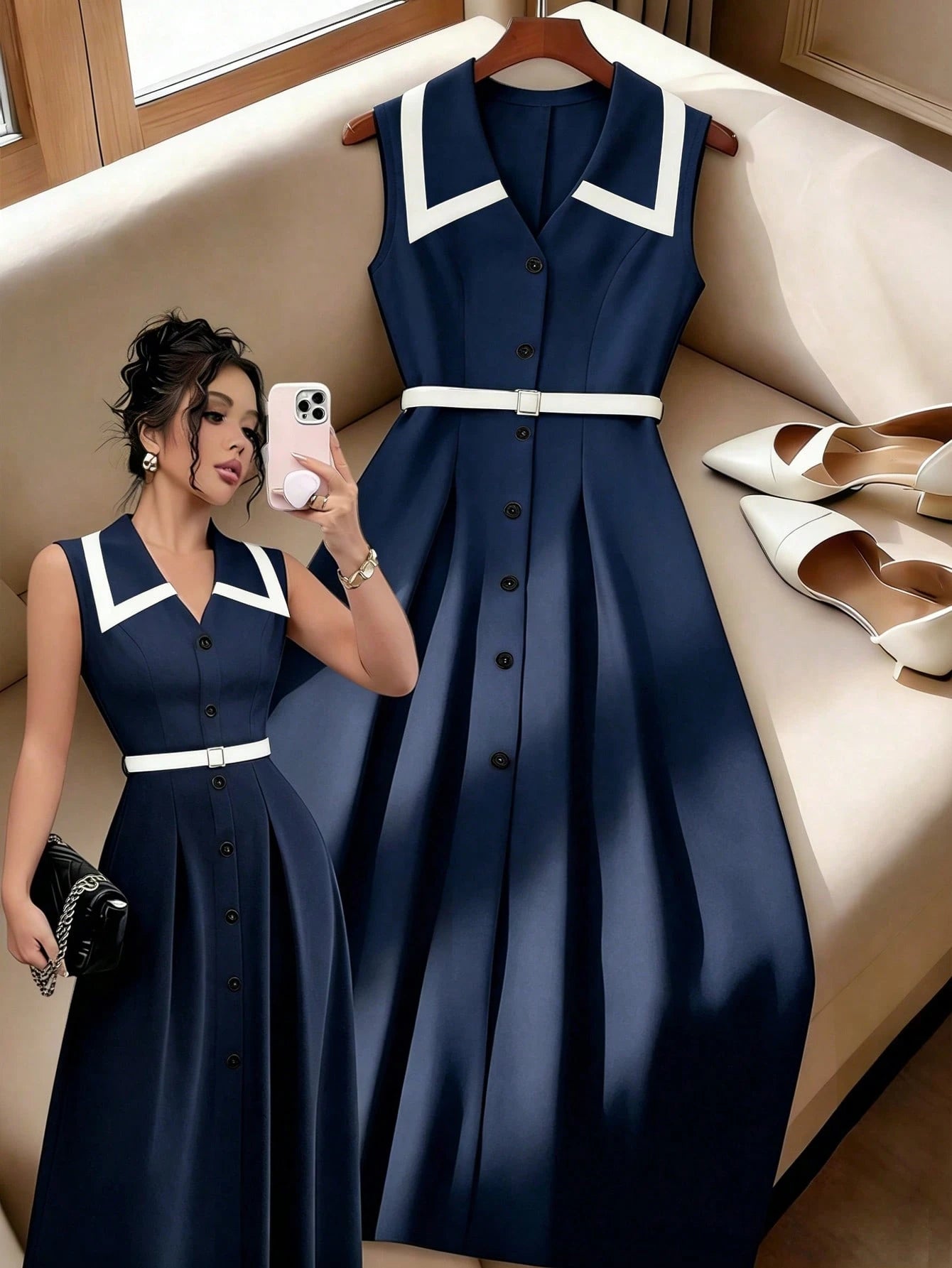 Elenzga Women's Elegant Retro Lapel Cinched Waist Button Waist Fitted Midi Dress, Apricot/Black, Commuting & Formal, Spring/Summer
