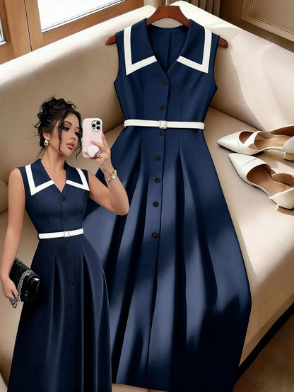 Elenzga Women's Elegant Retro Lapel Cinched Waist Button Waist Fitted Midi Dress, Apricot/Black, Commuting & Formal, Spring/Summer