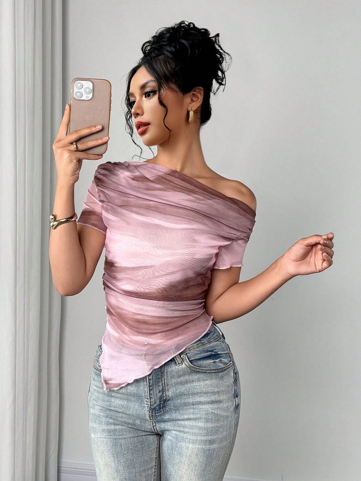 Elenzga Women's New Fashion Tie-Dye Print Asymmetrical Shoulder Short Sleeve T-Shirt