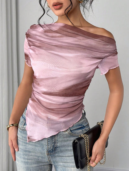 Elenzga Women's New Fashion Tie-Dye Print Asymmetrical Shoulder Short Sleeve T-Shirt