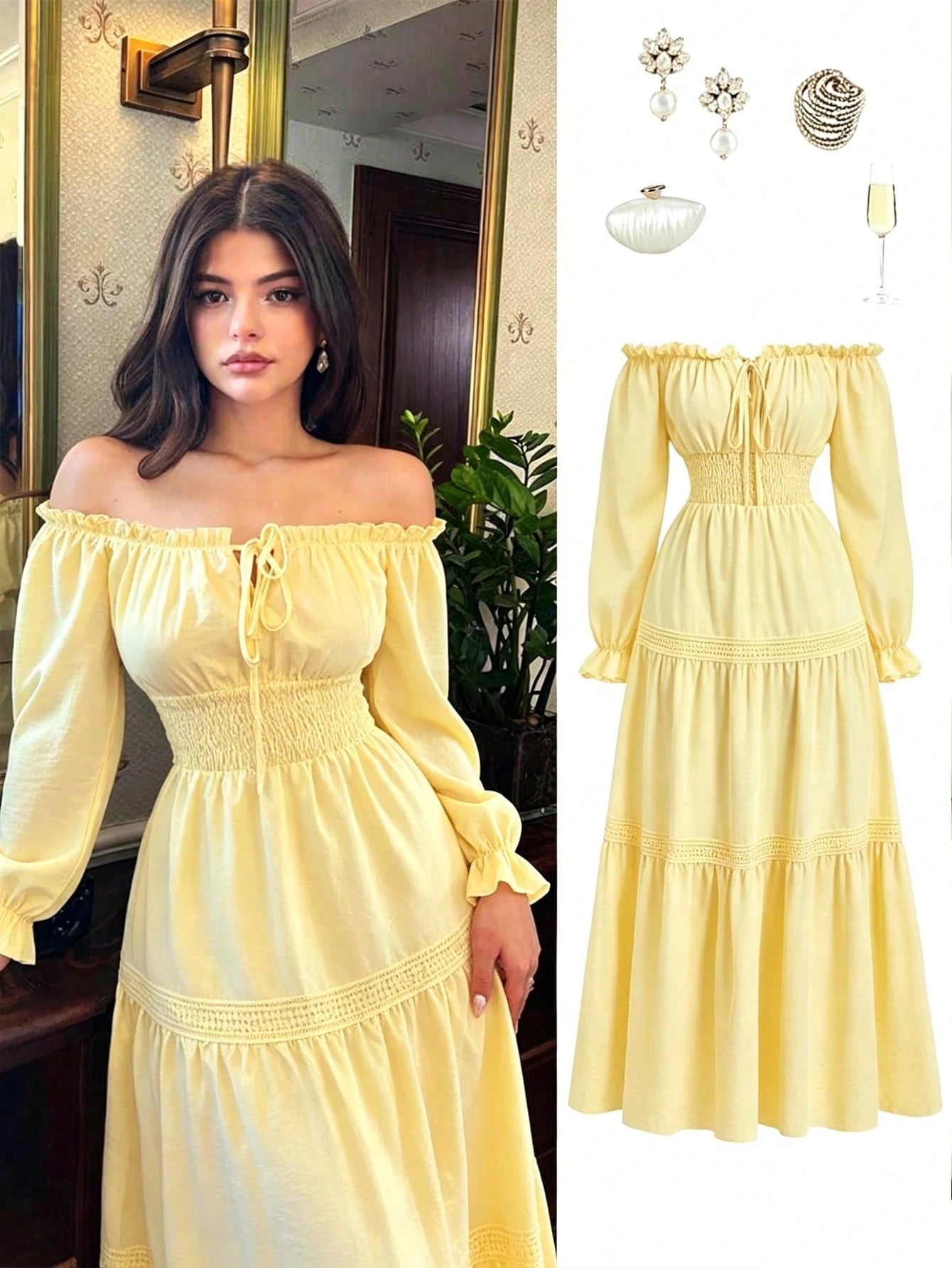 Elenzga Women's Pale Yellow Off Shoulder Puff Sleeve Front Tie Bow Waist Flared Ruffle Splice Long Dress,Summer Elegant Holiday Vacation Holiday Daily Dress