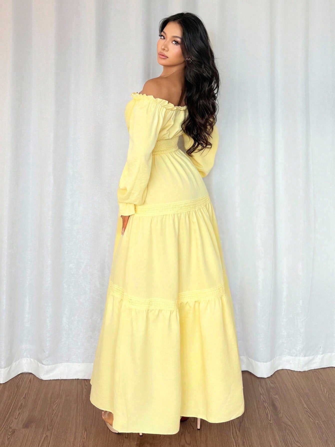 Elenzga Women's Pale Yellow Off Shoulder Puff Sleeve Front Tie Bow Waist Flared Ruffle Splice Long Dress,Summer Elegant Holiday Vacation Holiday Daily Dress
