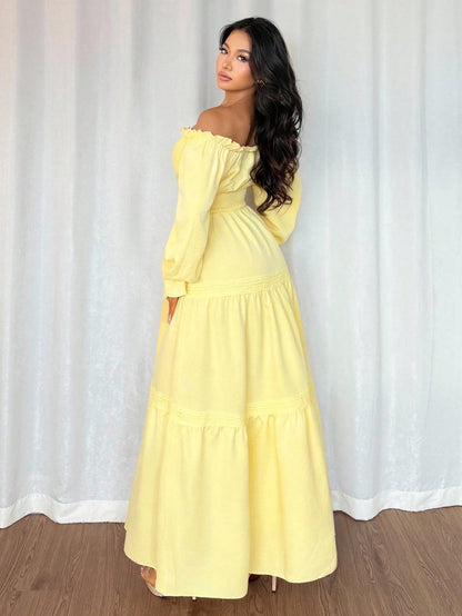 Elenzga Women's Pale Yellow Off Shoulder Puff Sleeve Front Tie Bow Waist Flared Ruffle Splice Long Dress,Summer Elegant Holiday Vacation Holiday Daily Dress