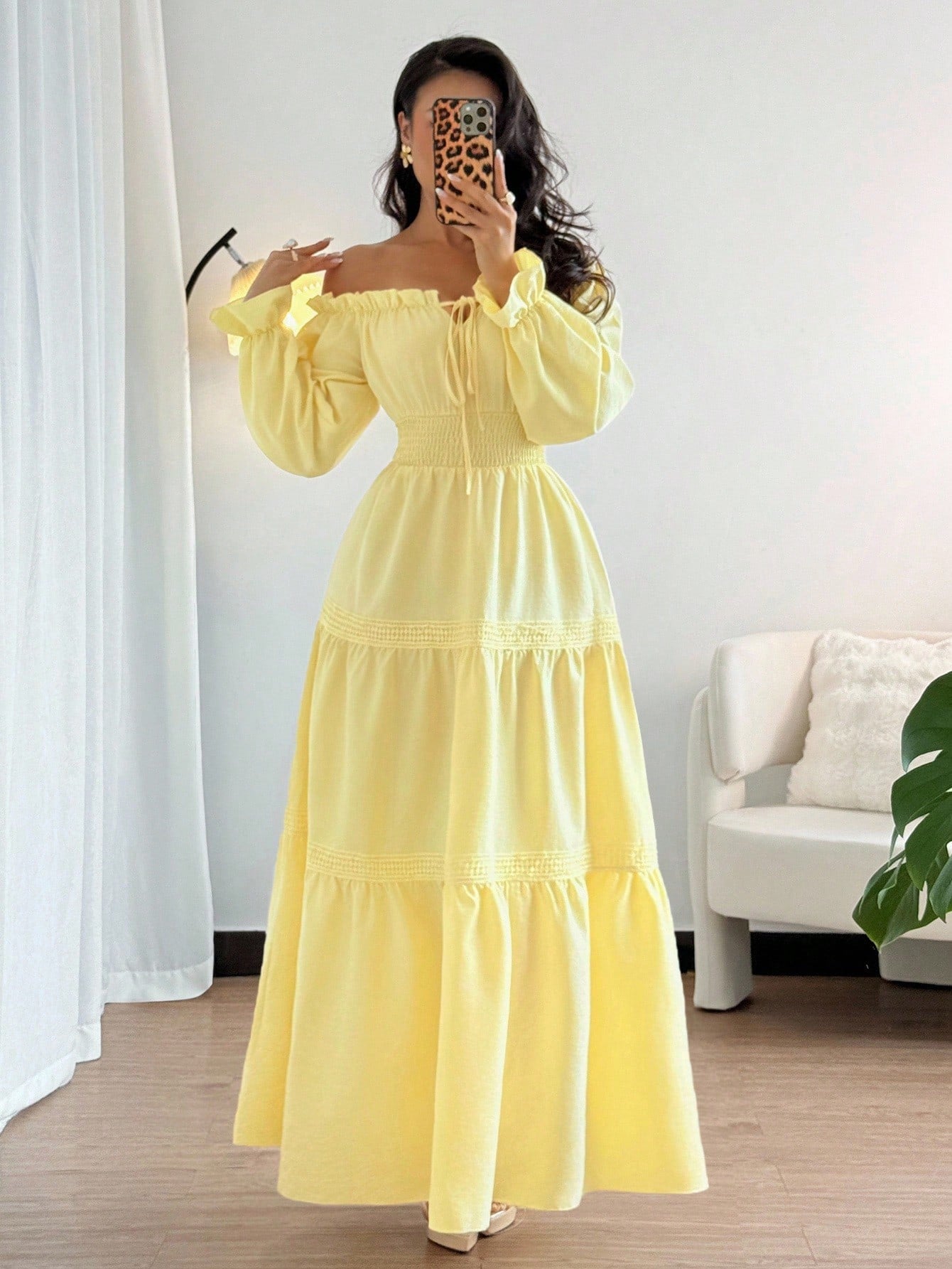 Elenzga Women's Pale Yellow Off Shoulder Puff Sleeve Front Tie Bow Waist Flared Ruffle Splice Long Dress,Summer Elegant Holiday Vacation Holiday Daily Dress