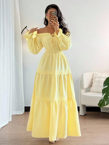 Elenzga Women's Pale Yellow Off Shoulder Puff Sleeve Front Tie Bow Waist Flared Ruffle Splice Long Dress,Summer Elegant Holiday Vacation Holiday Daily Dress