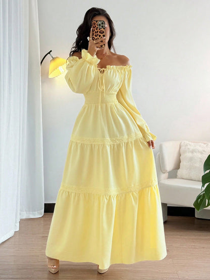 Elenzga Women's Pale Yellow Off Shoulder Puff Sleeve Front Tie Bow Waist Flared Ruffle Splice Long Dress,Summer Elegant Holiday Vacation Holiday Daily Dress