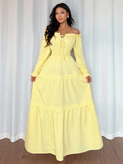 Elenzga Women's Pale Yellow Off Shoulder Puff Sleeve Front Tie Bow Waist Flared Ruffle Splice Long Dress,Summer Elegant Holiday Vacation Holiday Daily Dress