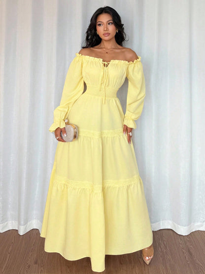 Elenzga Women's Pale Yellow Off Shoulder Puff Sleeve Front Tie Bow Waist Flared Ruffle Splice Long Dress,Summer Elegant Holiday Vacation Holiday Daily Dress