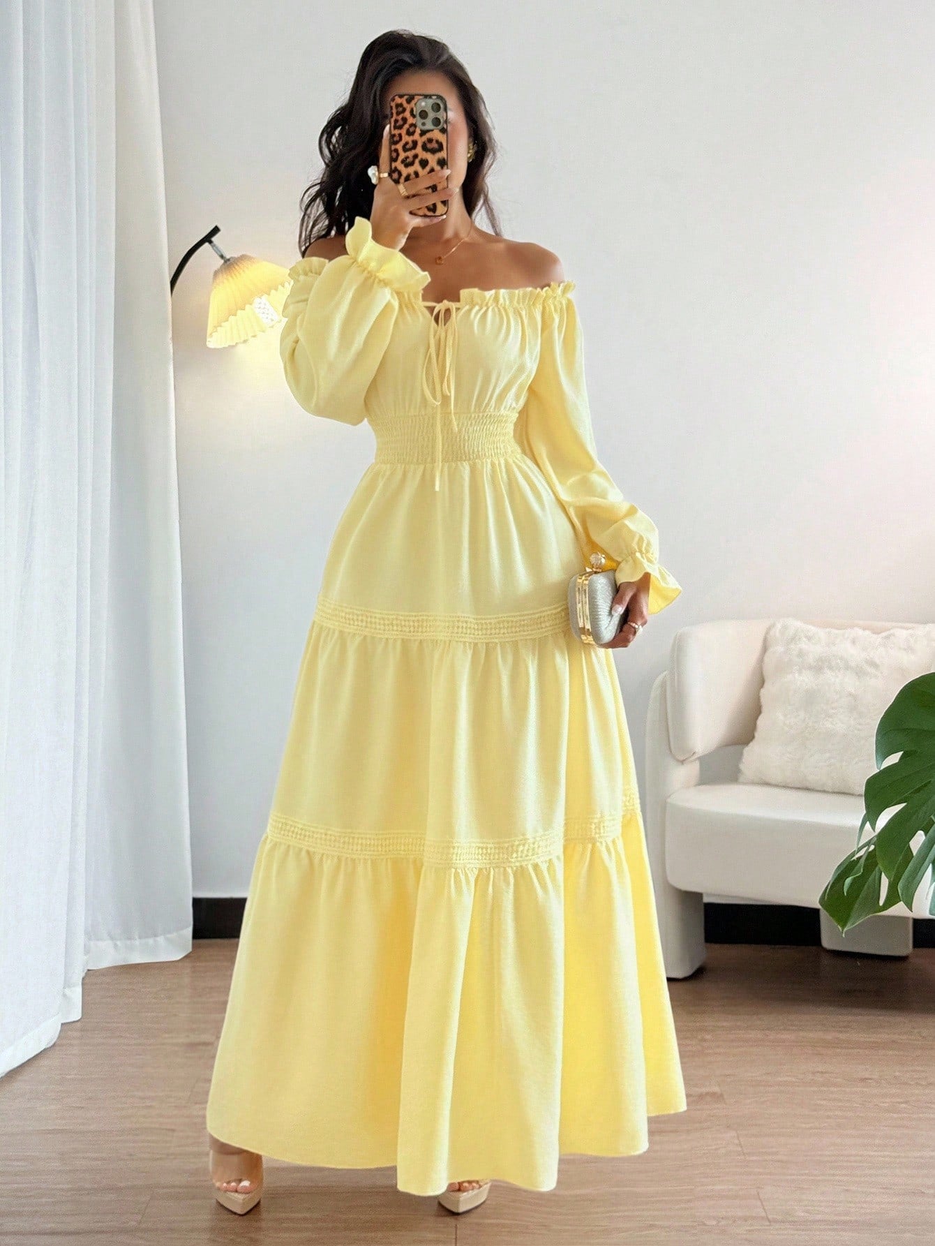 Elenzga Women's Pale Yellow Off Shoulder Puff Sleeve Front Tie Bow Waist Flared Ruffle Splice Long Dress,Summer Elegant Holiday Vacation Holiday Daily Dress