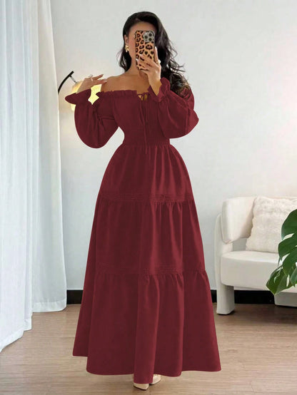 Elenzga Women's Pale Yellow Off Shoulder Puff Sleeve Front Tie Bow Waist Flared Ruffle Splice Long Dress,Summer Elegant Holiday Vacation Holiday Daily Dress