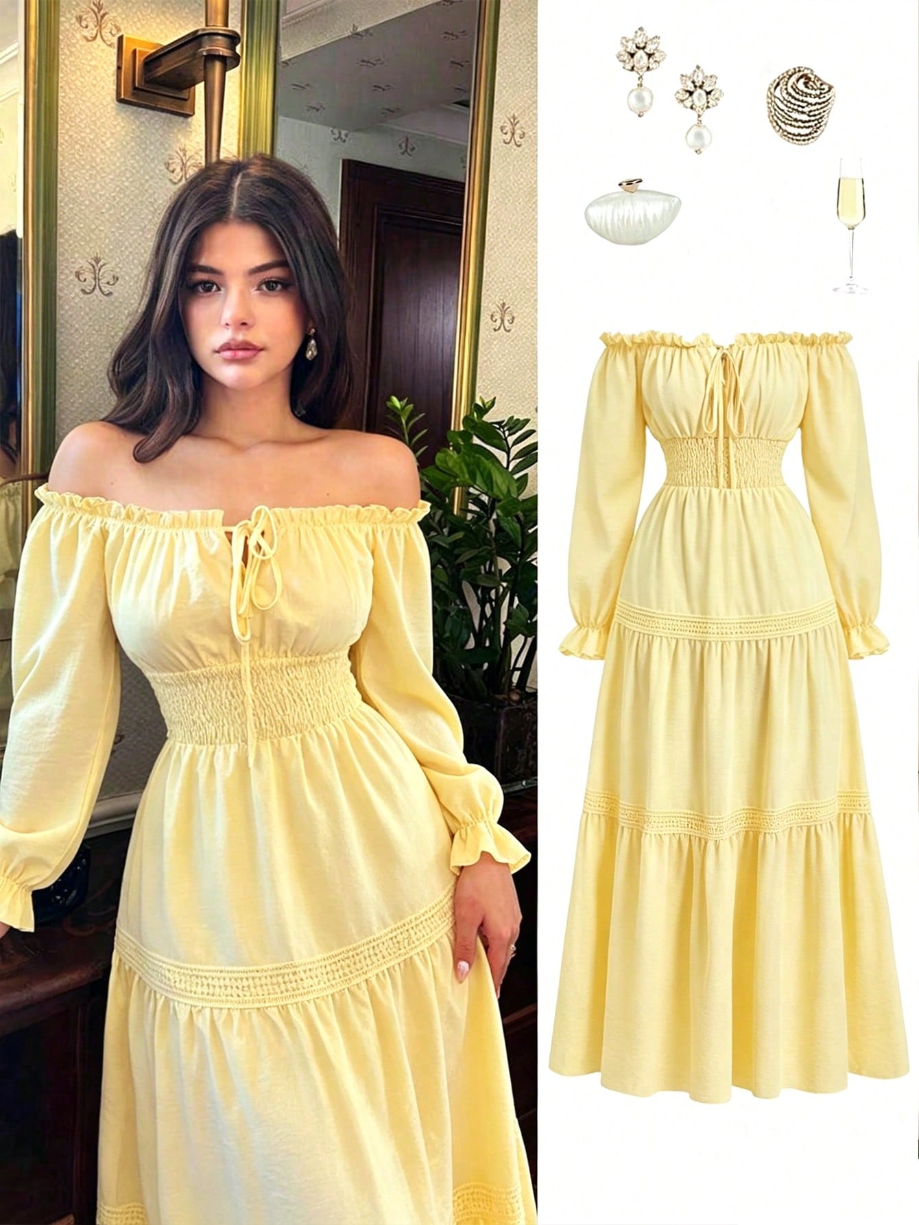 Elenzga Women's Pale Yellow Off Shoulder Puff Sleeve Front Tie Bow Waist Flared Ruffle Splice Long Dress,Summer Elegant Holiday Vacation Holiday Daily Dress