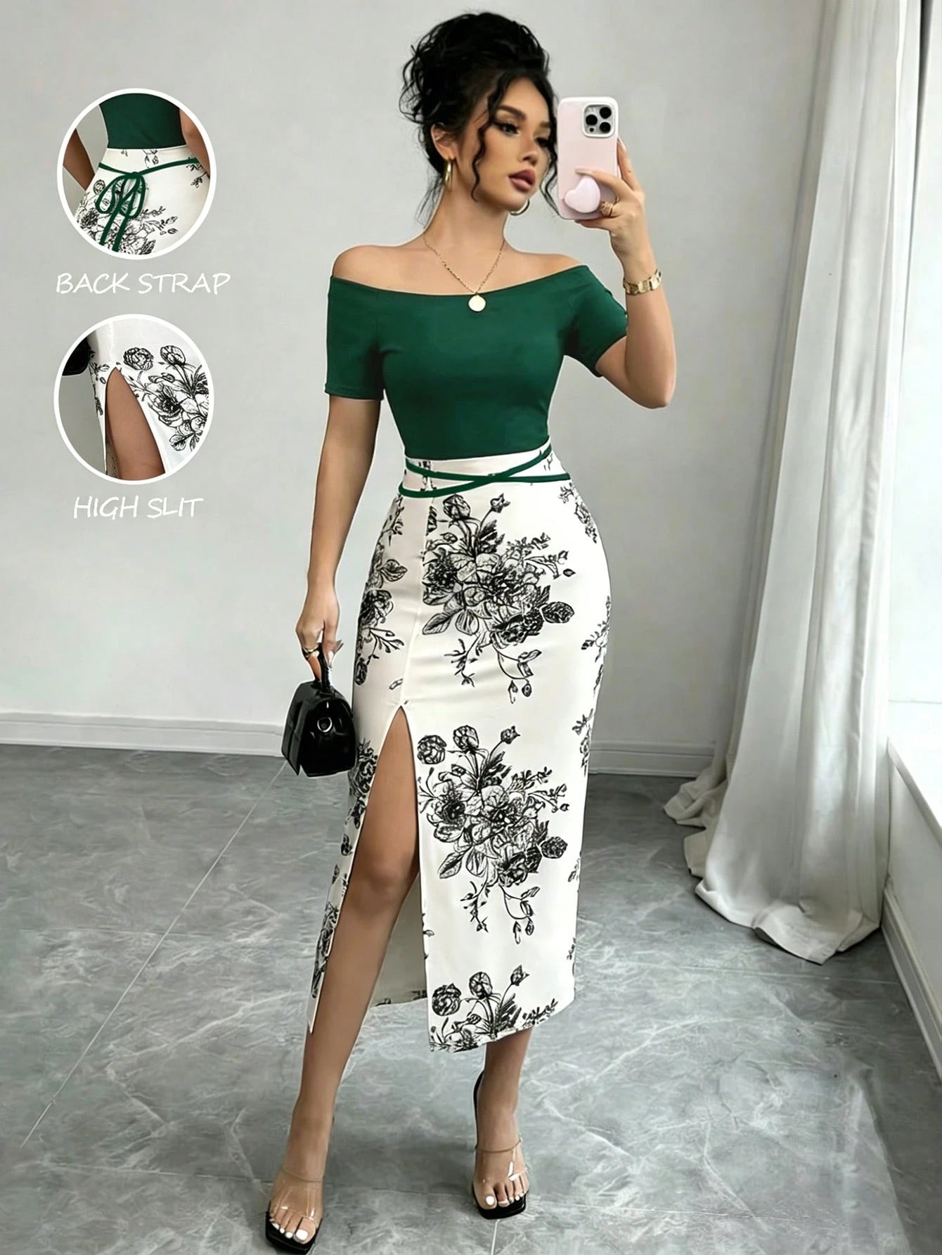 Elenzga Women's Patchwork Floral Print Off-Shoulder Short Sleeve Side Slit Hem Fitted Elegant Midi Dress