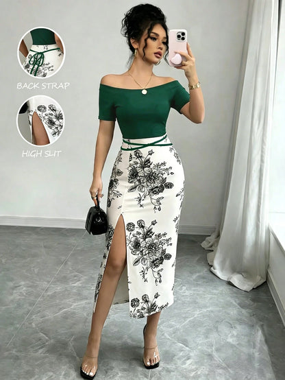 Elenzga Women's Patchwork Floral Print Off-Shoulder Short Sleeve Side Slit Hem Fitted Elegant Midi Dress