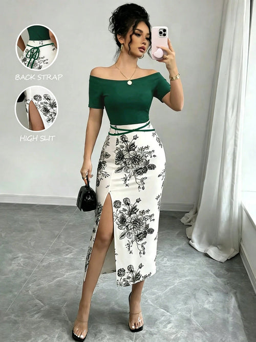 Elenzga Women's Patchwork Floral Print Off-Shoulder Short Sleeve Side Slit Hem Fitted Elegant Midi Dress