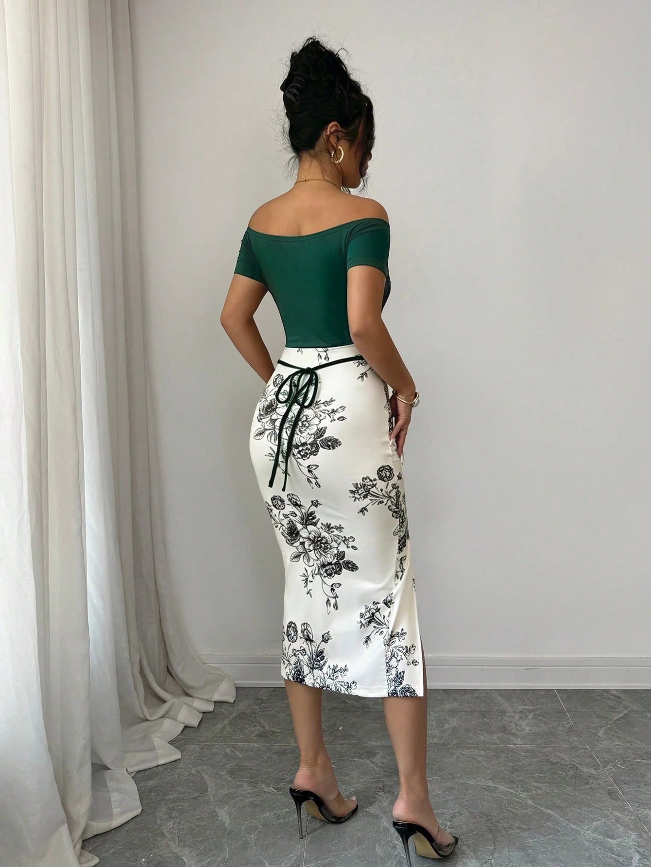 Elenzga Women's Patchwork Floral Print Off-Shoulder Short Sleeve Side Slit Hem Fitted Elegant Midi Dress
