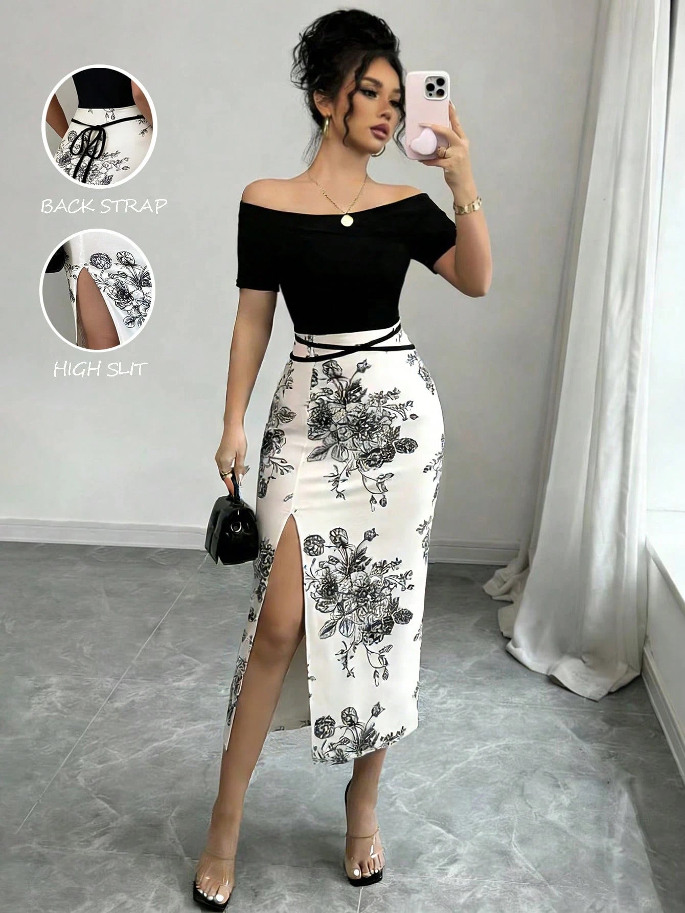 Elenzga Women's Patchwork Floral Print Off-Shoulder Short Sleeve Side Slit Hem Fitted Elegant Midi Dress