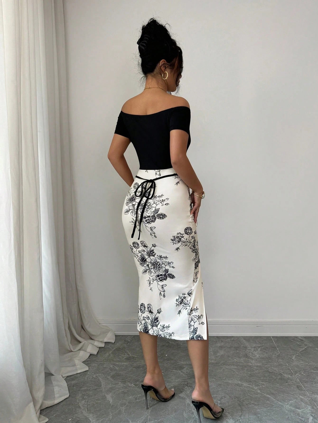 Elenzga Women's Patchwork Floral Print Off-Shoulder Short Sleeve Side Slit Hem Fitted Elegant Midi Dress