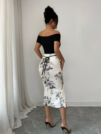 Elenzga Women's Patchwork Floral Print Off-Shoulder Short Sleeve Side Slit Hem Fitted Elegant Midi Dress