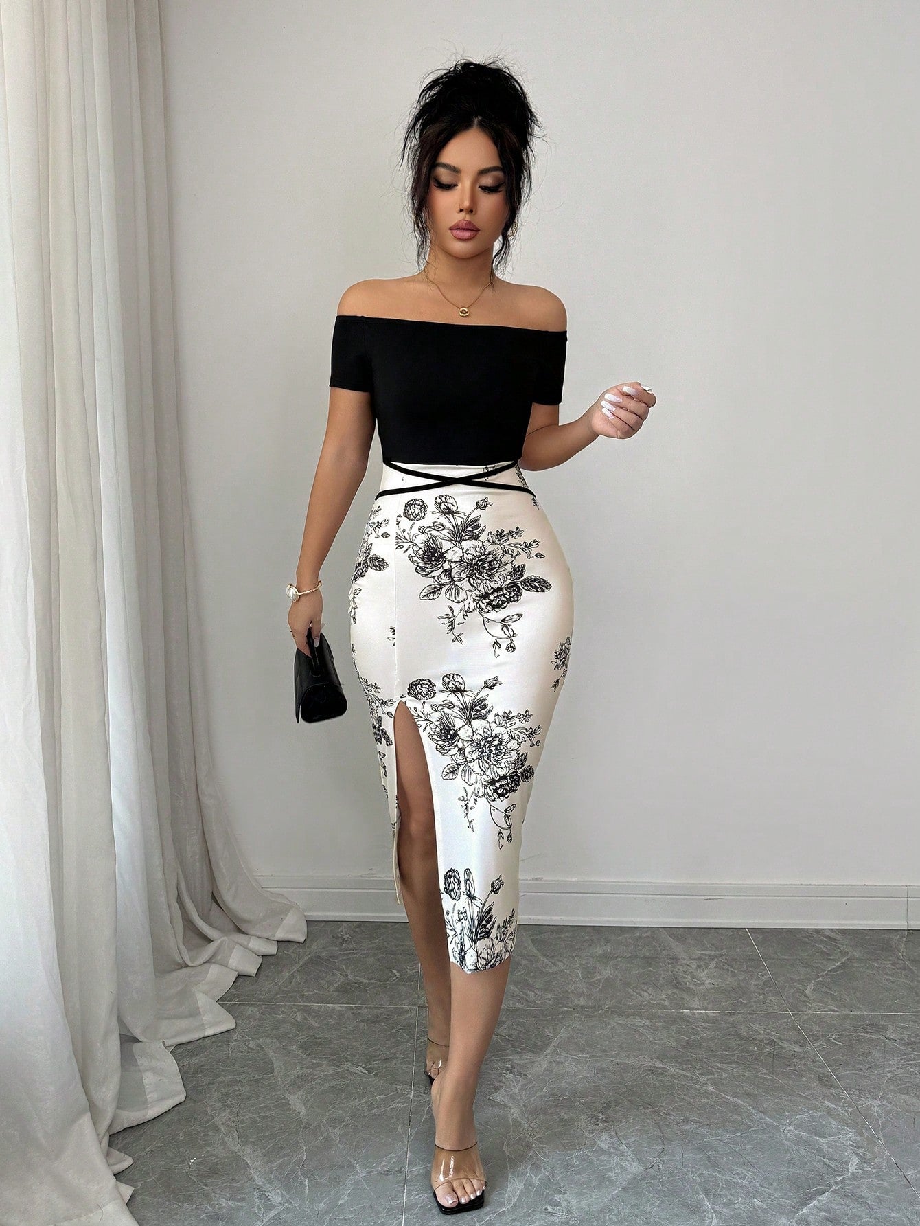 Elenzga Women's Patchwork Floral Print Off-Shoulder Short Sleeve Side Slit Hem Fitted Elegant Midi Dress