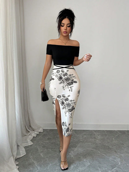 Elenzga Women's Patchwork Floral Print Off-Shoulder Short Sleeve Side Slit Hem Fitted Elegant Midi Dress