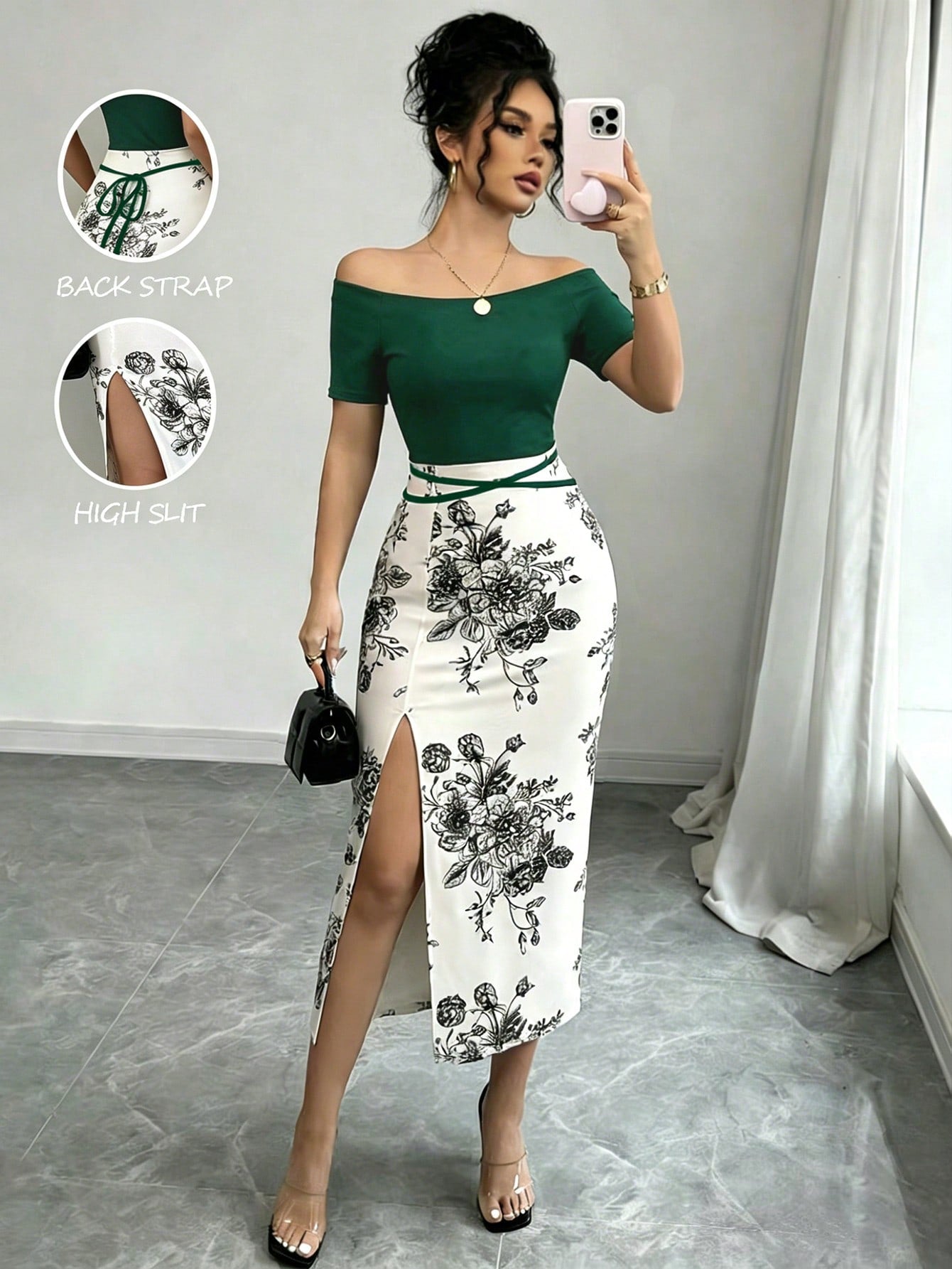 Elenzga Women's Patchwork Floral Print Off-Shoulder Short Sleeve Side Slit Hem Fitted Elegant Midi Dress