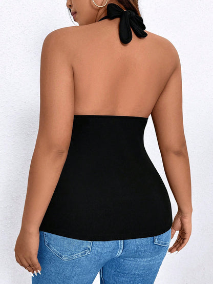 Elenzga Women's Plus Size Solid Color Halter Neck Tank Top