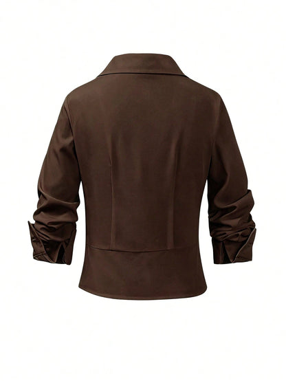 Elenzga Women's Solid Color 2 In 1 Casual Commuter Shirt