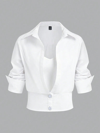 Elenzga Women's Solid Color 2 In 1 Casual Commuter Shirt