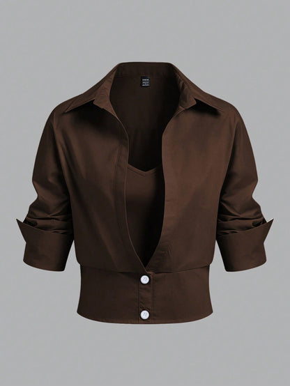 Elenzga Women's Solid Color 2 In 1 Casual Commuter Shirt